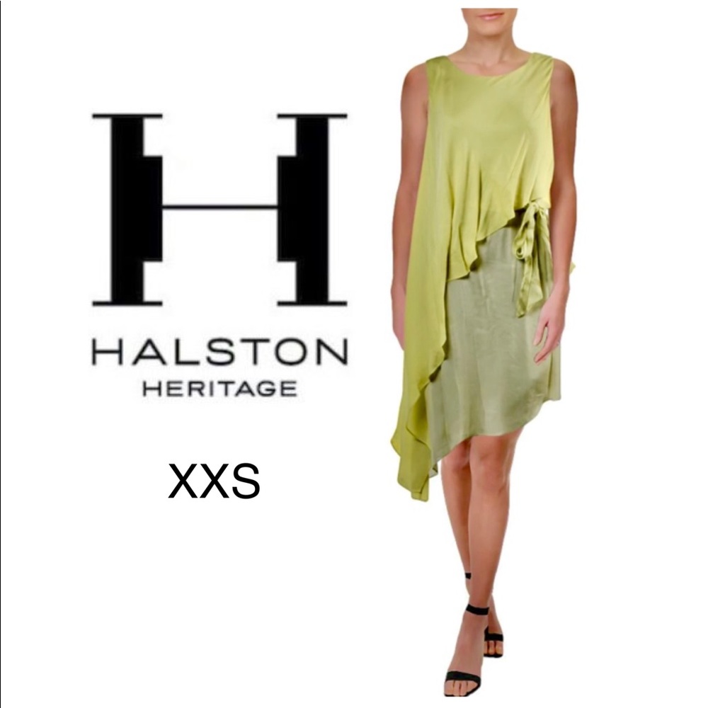 NIB HALSTON heritage asymmetrical silk cocktail dress waist tie lime citrus
